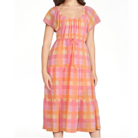 Time and Tru Women's Flutter Sleeve Tiered Dress Madras Coral Rose, size S - Picture 1 of 5